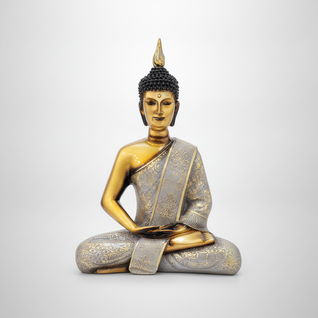Thai Buddha Meditation Statue – Gold & Silver Resin Figurine