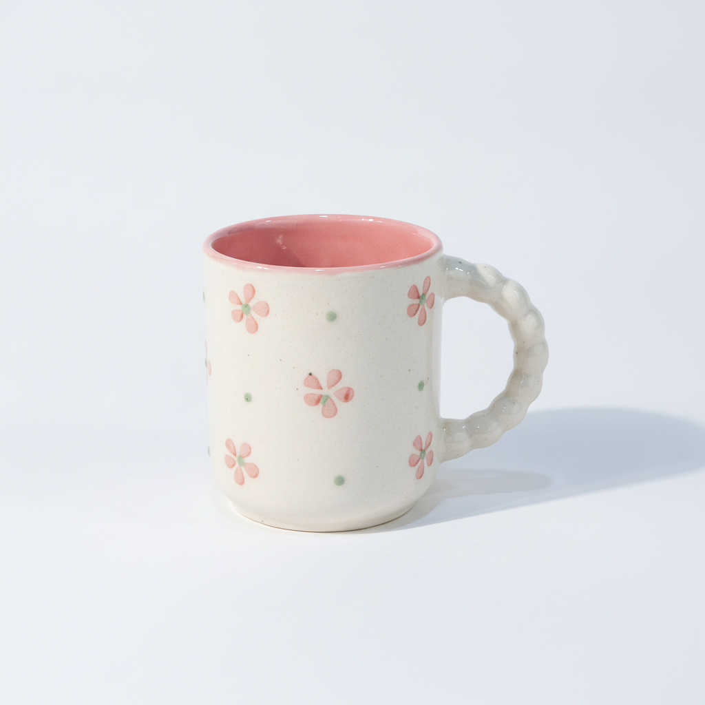 Handmade Ceramic Floral Mug with Pink Interior & Braided Handle
