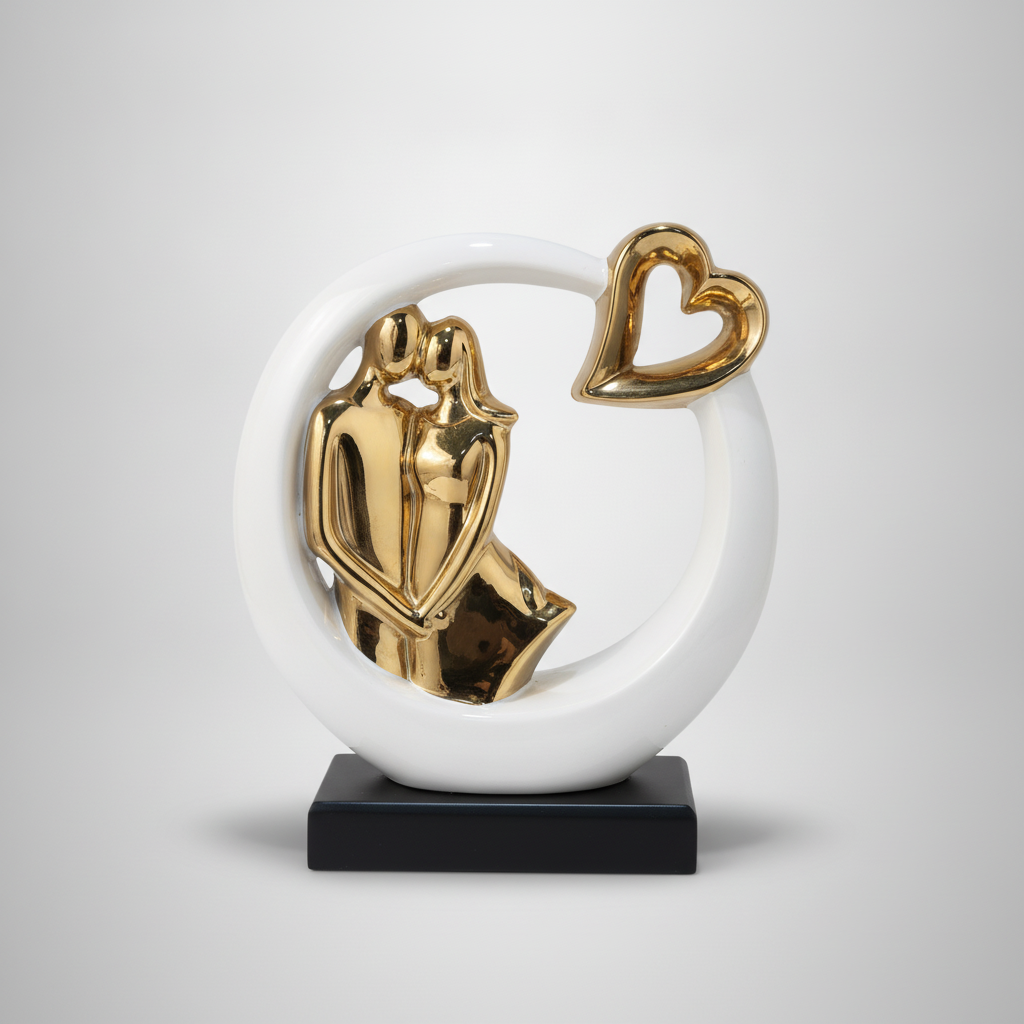 Gold & White Ceramic Couple Figurine with Heart Accent