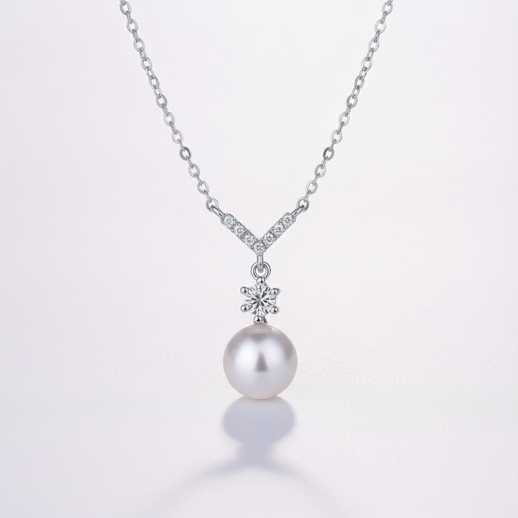 Crystal & Pearl Drop Pendant Necklace | Silver V-Bar