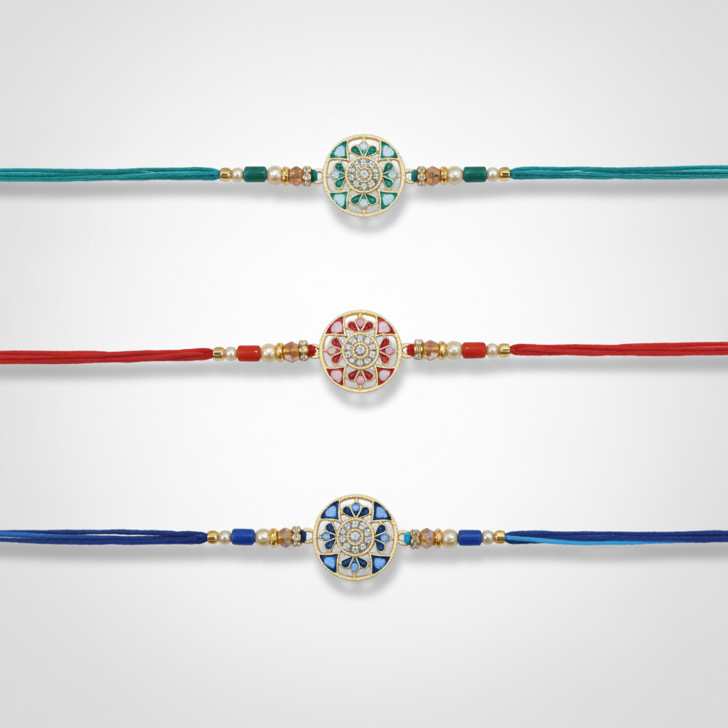 Meenakari Rakhi Set of 3 – Teal, Red & Blue