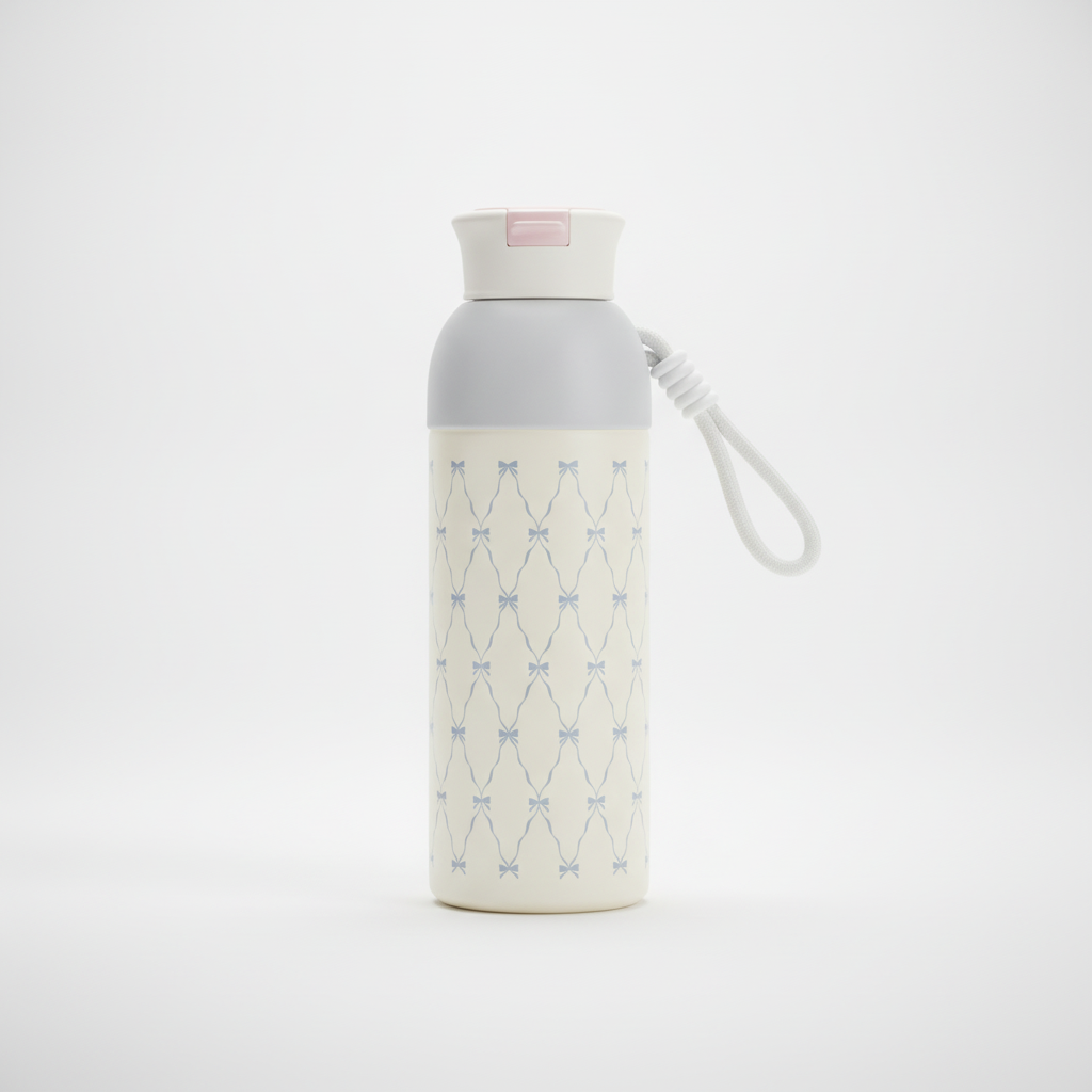 Insulated Water Bottle with Bow Print & Wrist Strap
