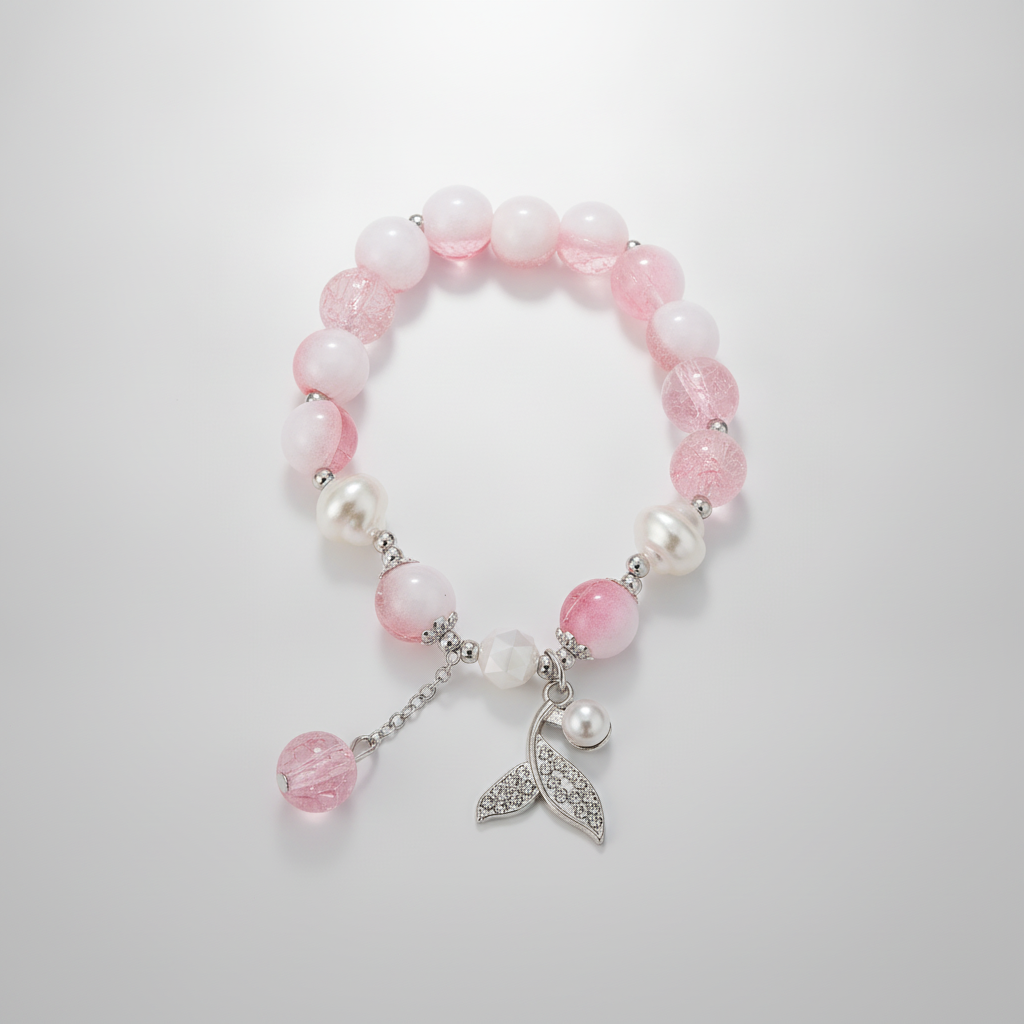 Pink Mermaid Tail Charm Beaded Stretch Bracelet