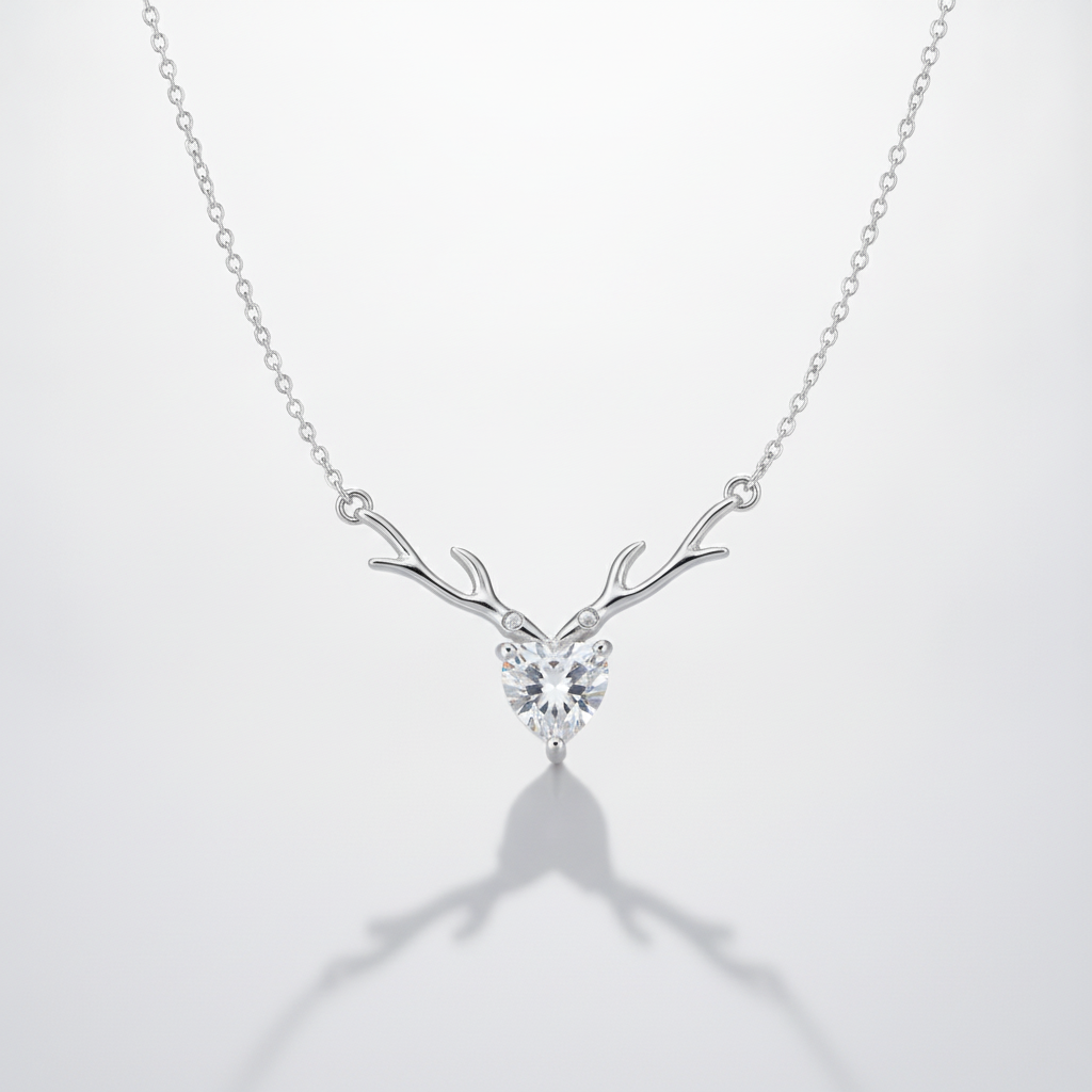 Silver Deer Antler Heart Crystal Pendant Necklace