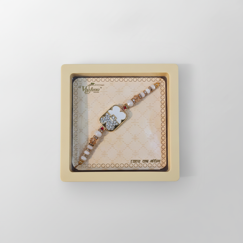 Elegant White & Gold Crystal Rakhi by Shri Vishnu