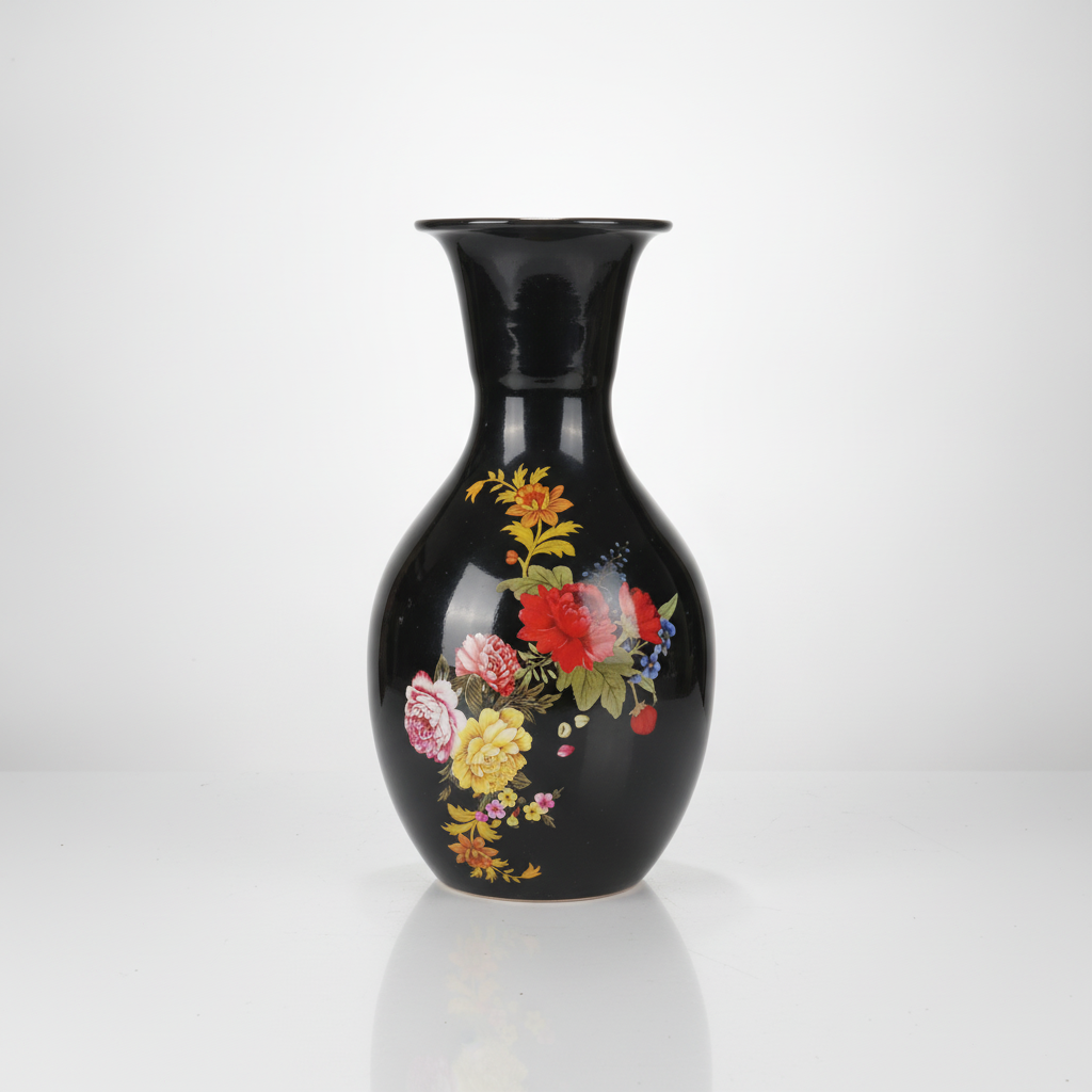 Black Floral Ceramic Vase – Peony & Botanical Motif