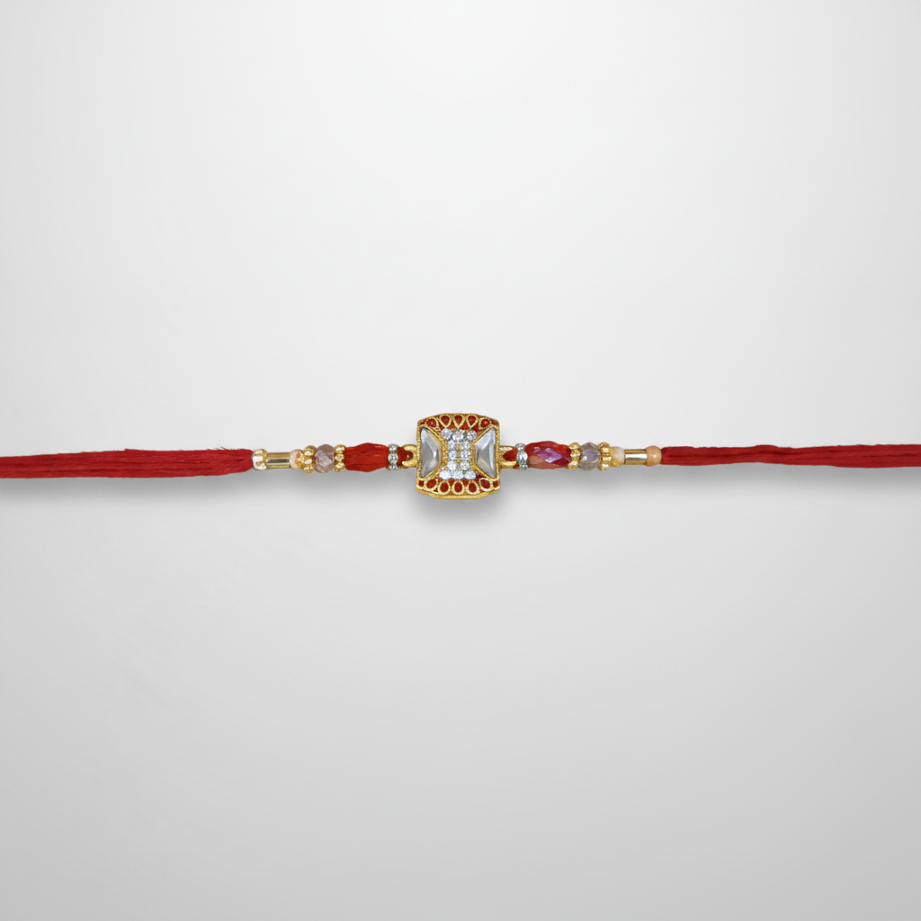 Traditional Red Rakhi with Gold & Crystal Embellished Charm