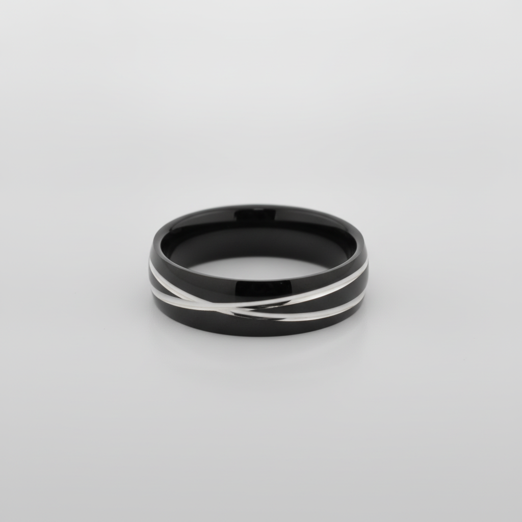 Men's Black Band Ring with Silver Center Stripe