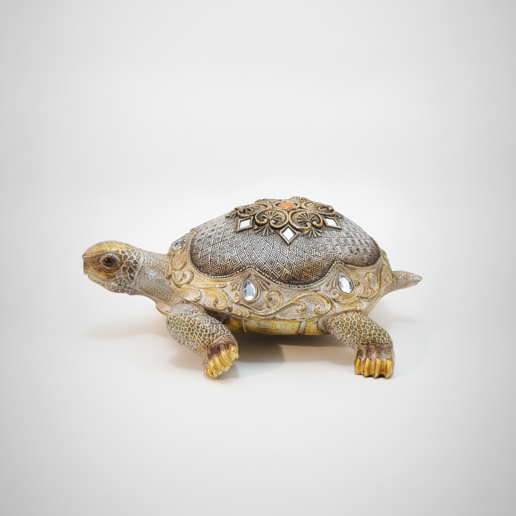 Ornate Jeweled Tortoise Figurine – Gold & Silver Resin Decor