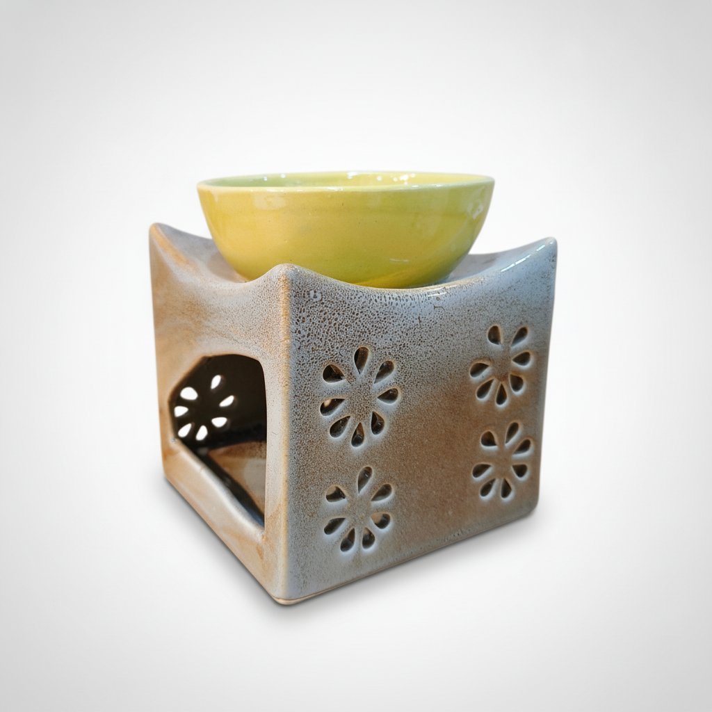 Ceramic Oil Burner with Floral Cutout Design & Yellow Bowl