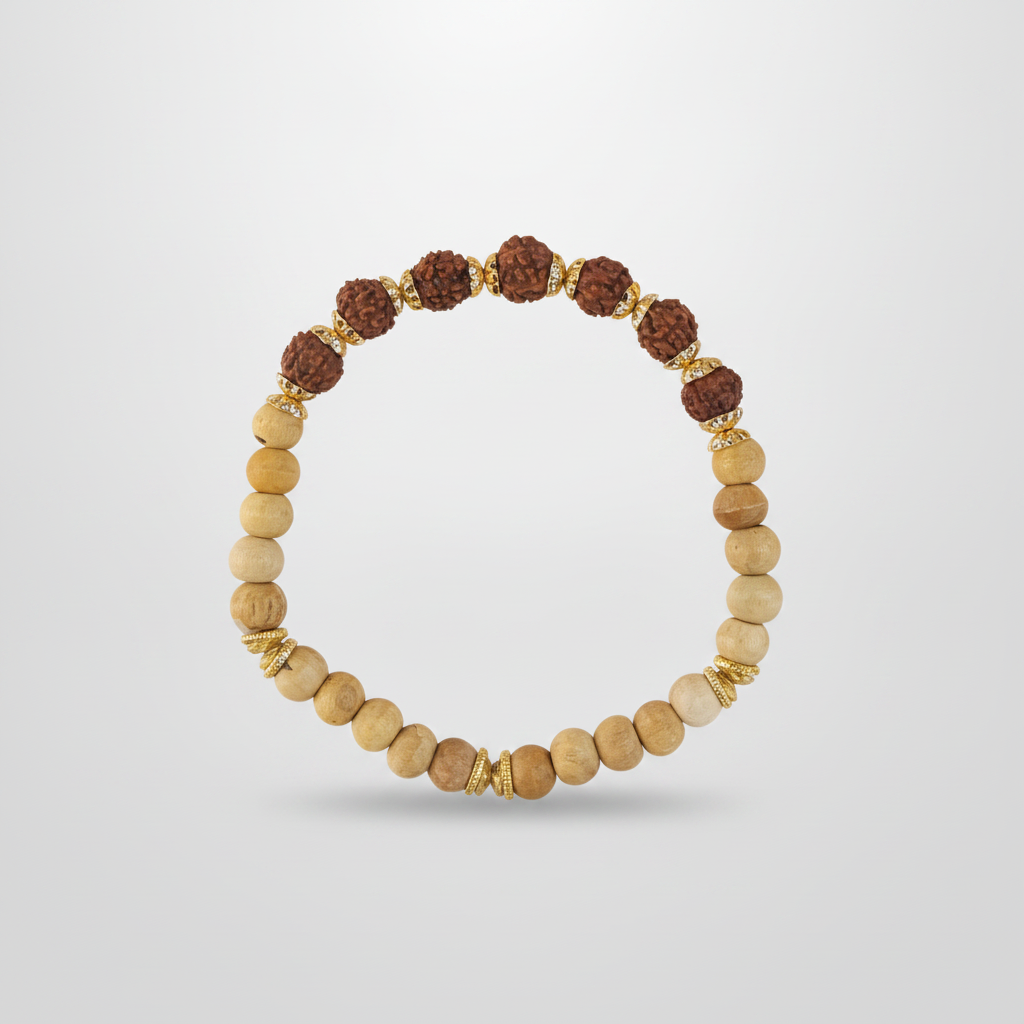 Rudraksha & Tulsi Bead Rakhi Bracelet with Gold Spacers