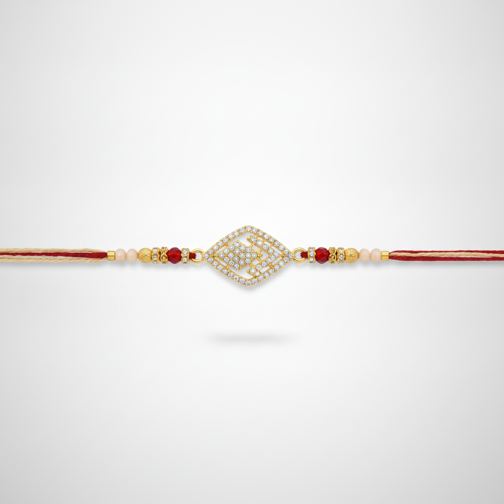 Diamond-Shape Crystal Rakhi with Red & Gold Beads