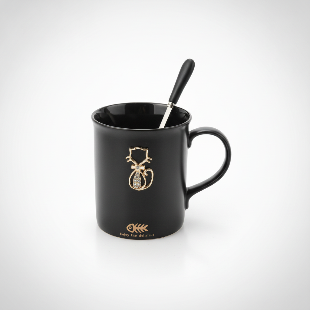 Black Cat Ceramic Mug with Matching Spoon – Rhinestone Accent