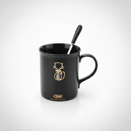 Black Cat Ceramic Mug with Matching Spoon – Rhinestone Accent