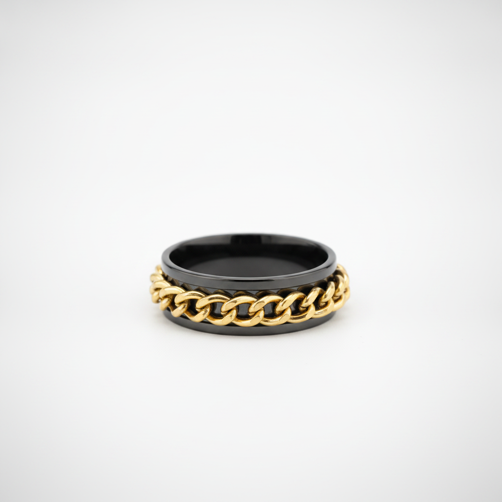 Men's Black & Gold Chain Spinner Ring