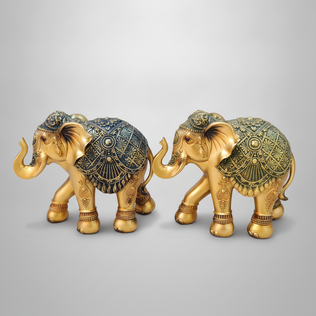 Golden Elephant Figurine Pair – Ornate Decorative Statues