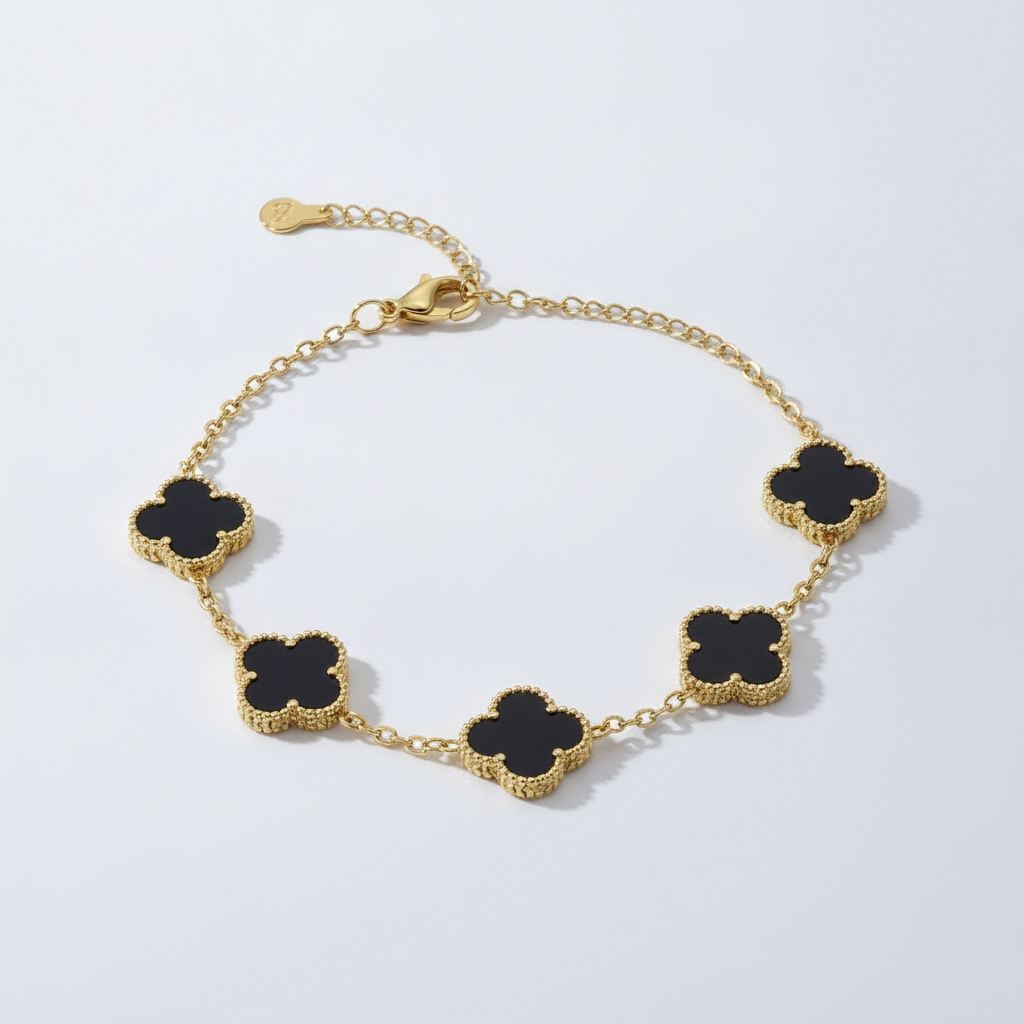 Gold Four-Leaf Clover Bracelet with Black Onyx Charms