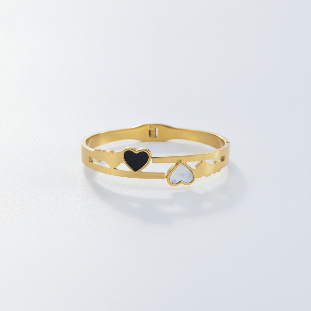 Gold-Tone Heart Bangle Bracelet with Black & White Inlay