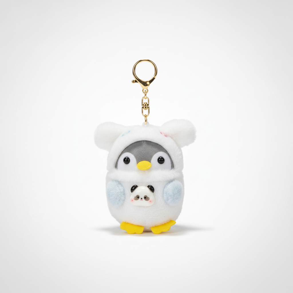 Penguin Plush Keychain with Mini Panda Charm – Cute Soft Toy