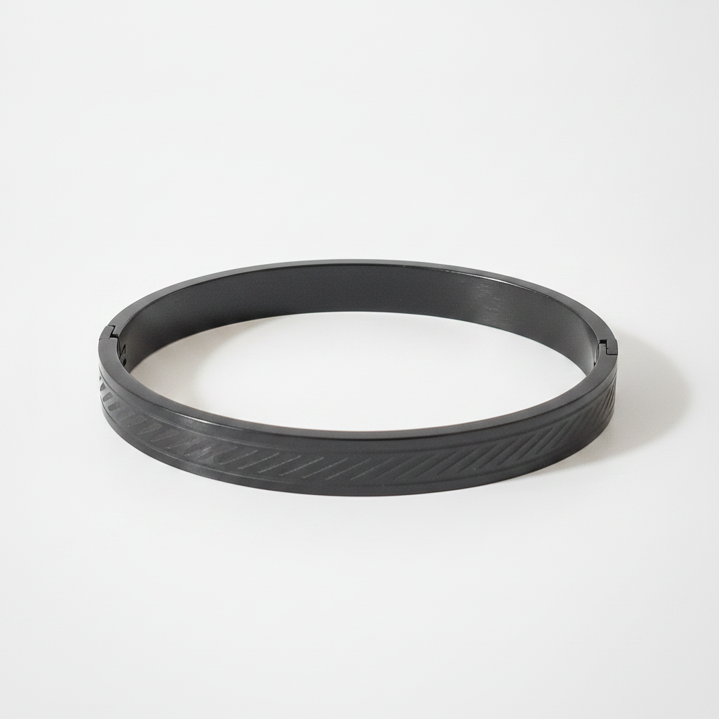 Men's Black Stainless Steel Engraved Bangle Bracelet