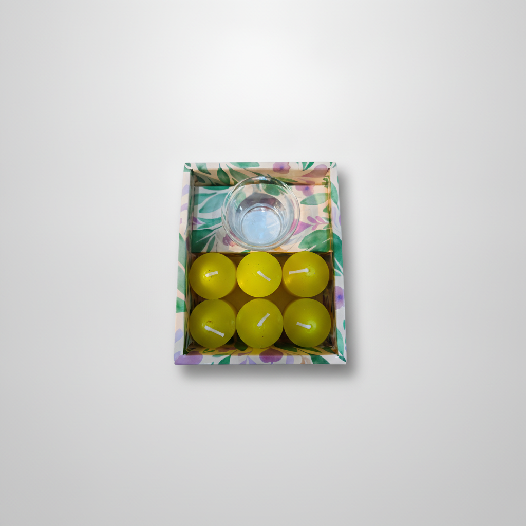 Floral Gift Set: Glass Votive Holder & 6 Yellow Tea Light Candles