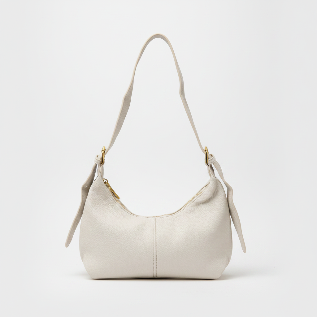 Exotic Cream Leather Shoulder Bag with Gold Zipper