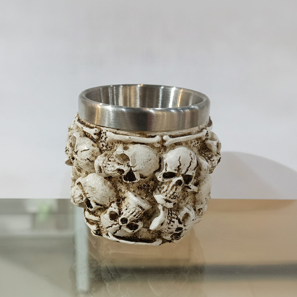 Skull & Bones Whisky Shot Mug – Gothic Resin & Steel Cup
