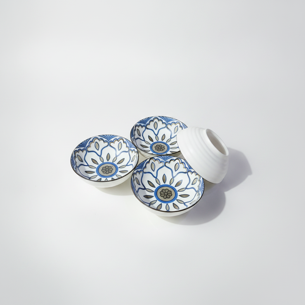 Blue & White Floral Ceramic Bowl Set