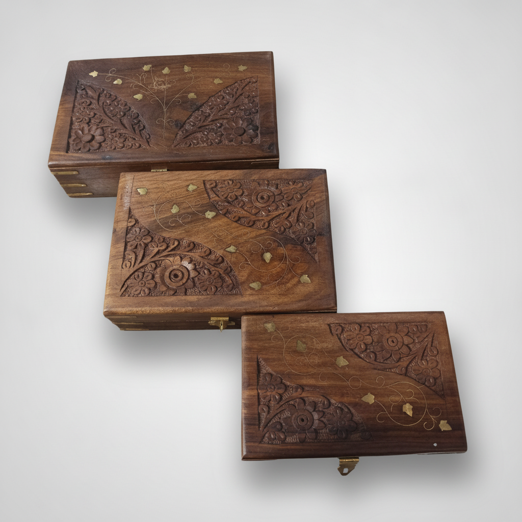 Hand-Carved Wooden Jewellery Box with Brass Inlay