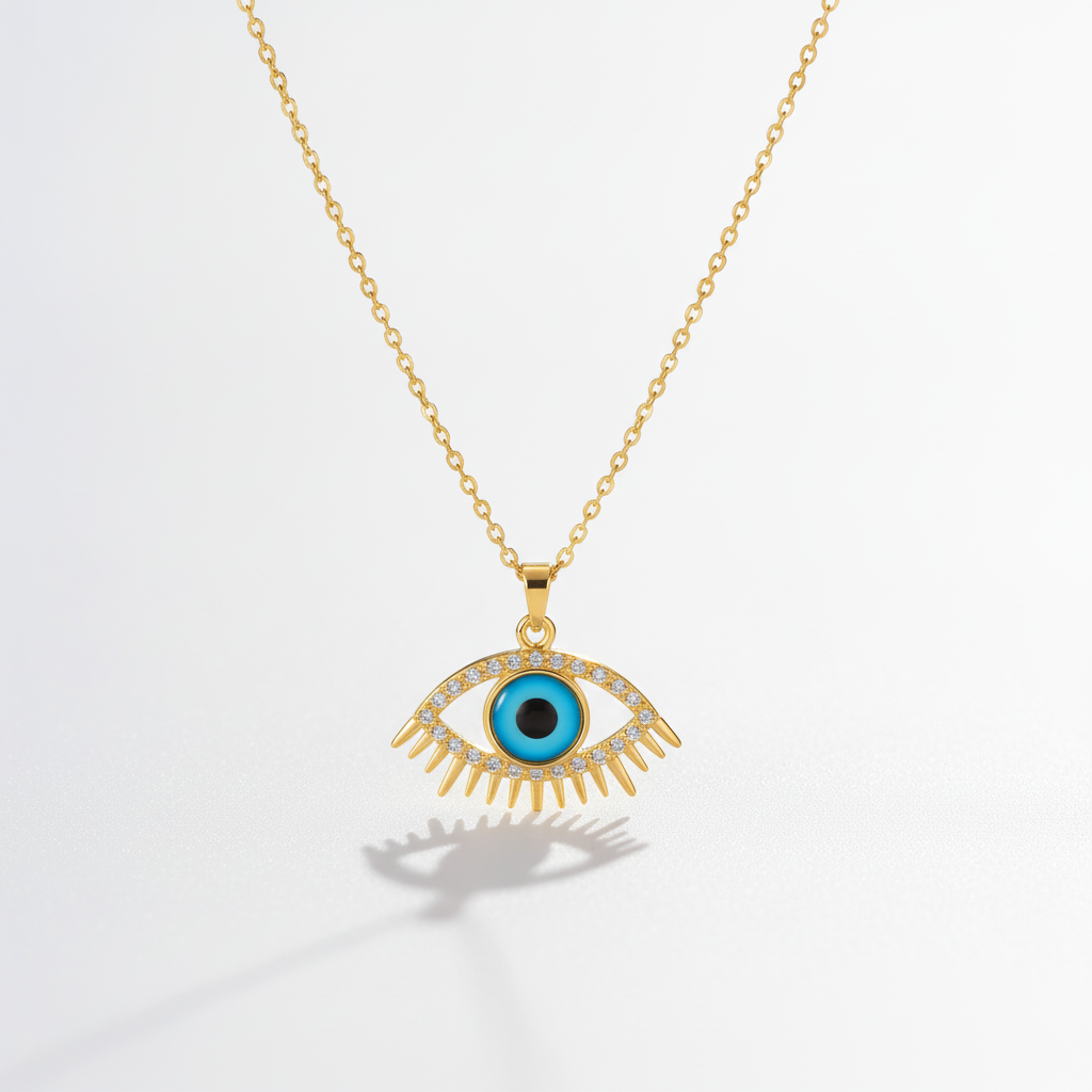 Evil Eye Gold Pendant Necklace with Blue Enamel & Crystal Lash Detail