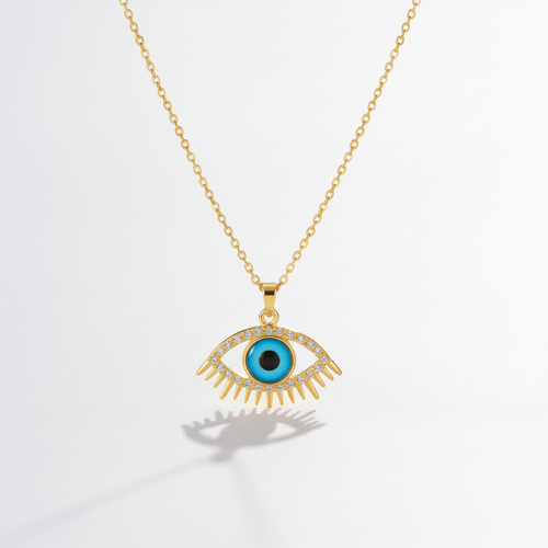 Evil Eye Gold Pendant Necklace with Blue Enamel & Crystal Lash Detail