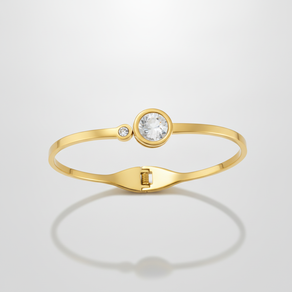 Gold Bangle Bracelet with Crystal Solitaire Stone