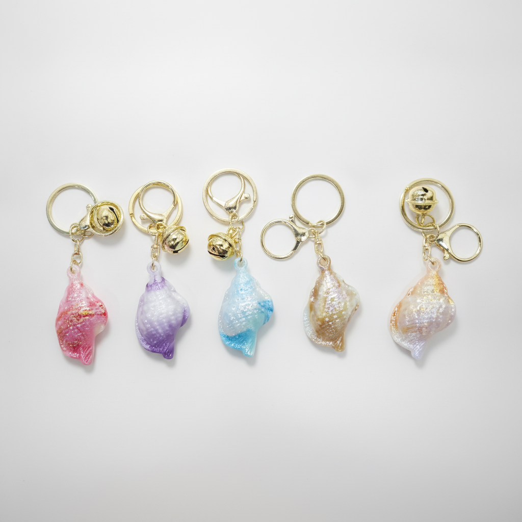 Glitter Seashell Conch Keychain with Gold Bell Charm