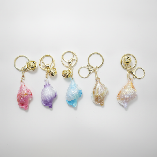 Glitter Seashell Conch Keychain with Gold Bell Charm