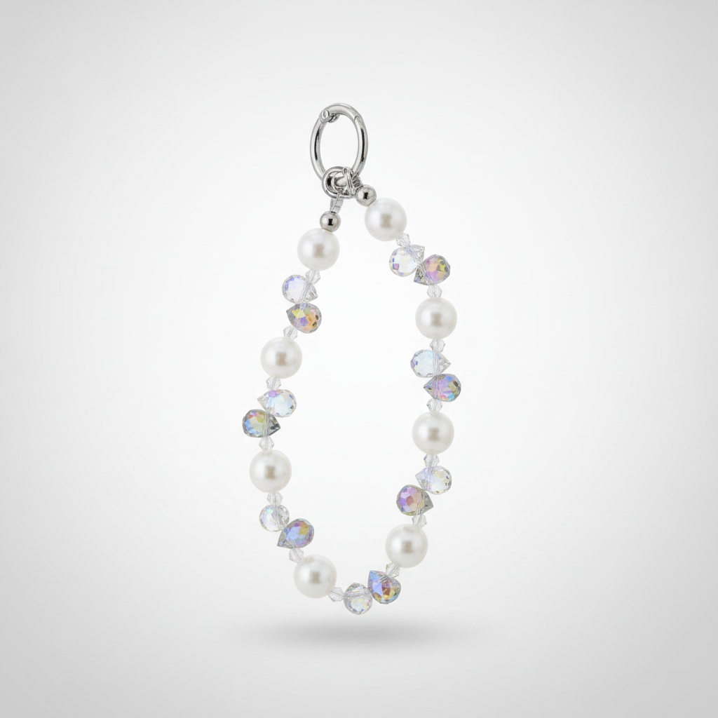 Pearl & Crystal Bead Keychain Charm with Silver Ring
