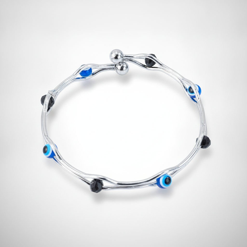 Silver Evil Eye Bangle Bracelet with Black Crystal Beads