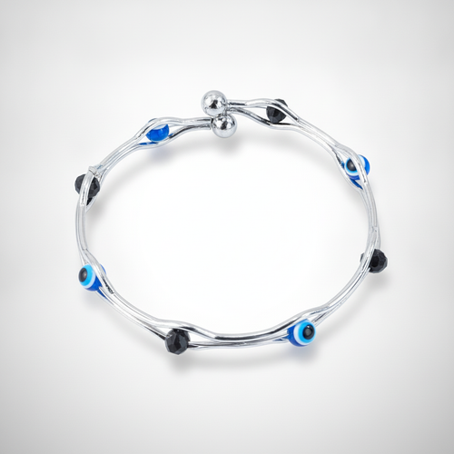 Silver Evil Eye Bangle Bracelet with Black Crystal Beads