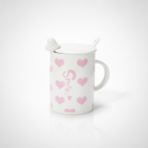 Smile Hearts Ceramic Mug with Lid & Heart Spoon