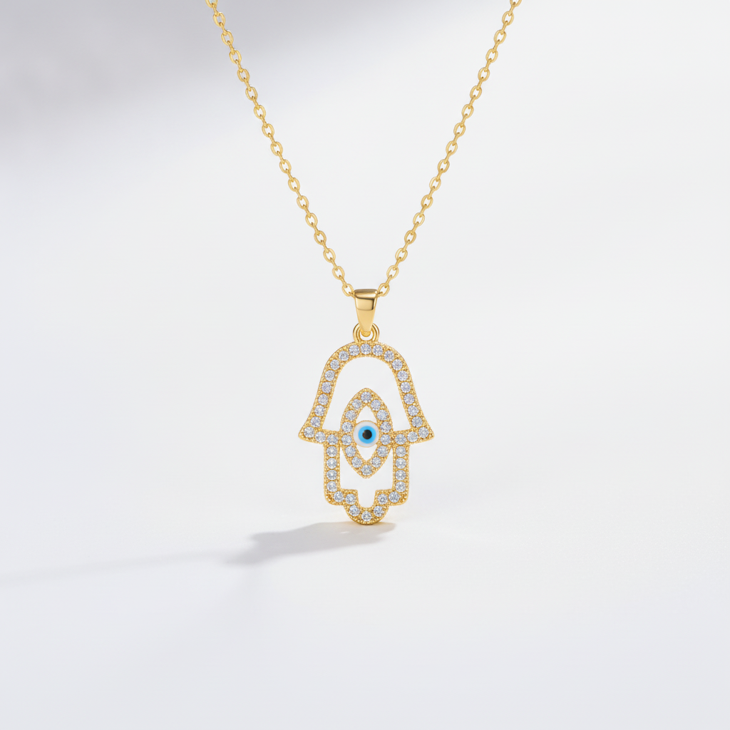 Gold Hamsa Hand Evil Eye Pendant Necklace with CZ Crystals