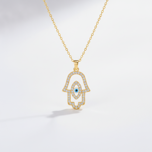 Gold Hamsa Hand Evil Eye Pendant Necklace with CZ Crystals