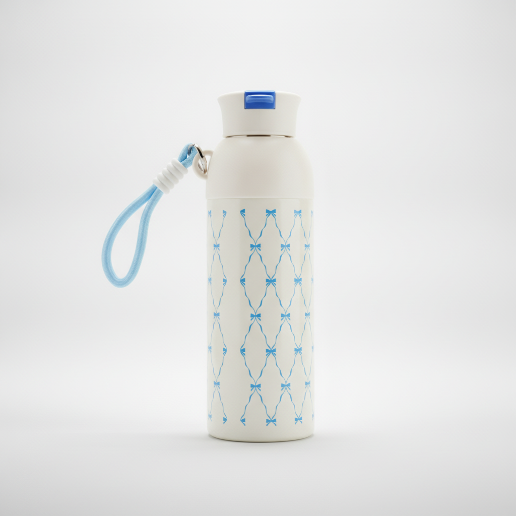Bow Print Insulated Water Bottle with Carry Strap