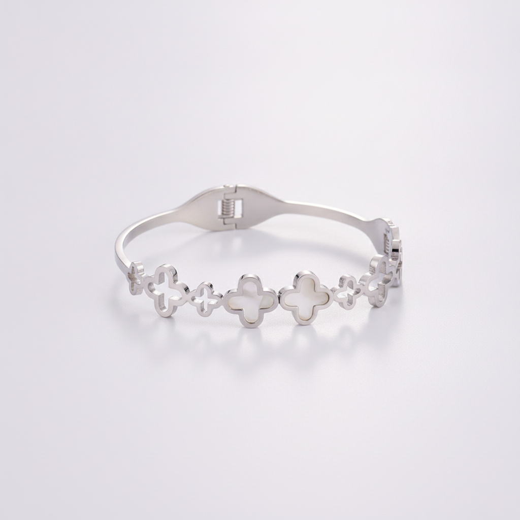 Silver Four-Leaf Clover Bangle Bracelet for Women