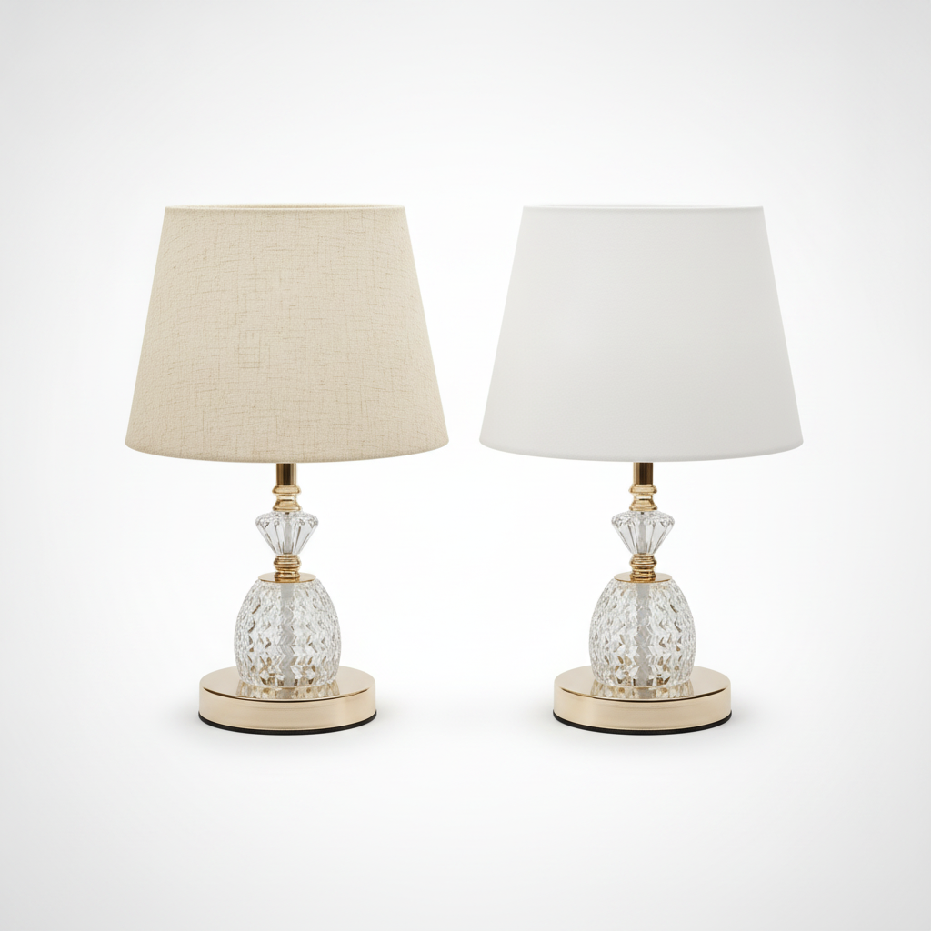 Crystal Glass Table Lamp with Gold Base & Fabric Shade