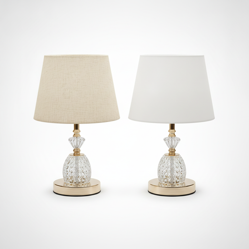 Crystal Glass Table Lamp with Gold Base & Fabric Shade