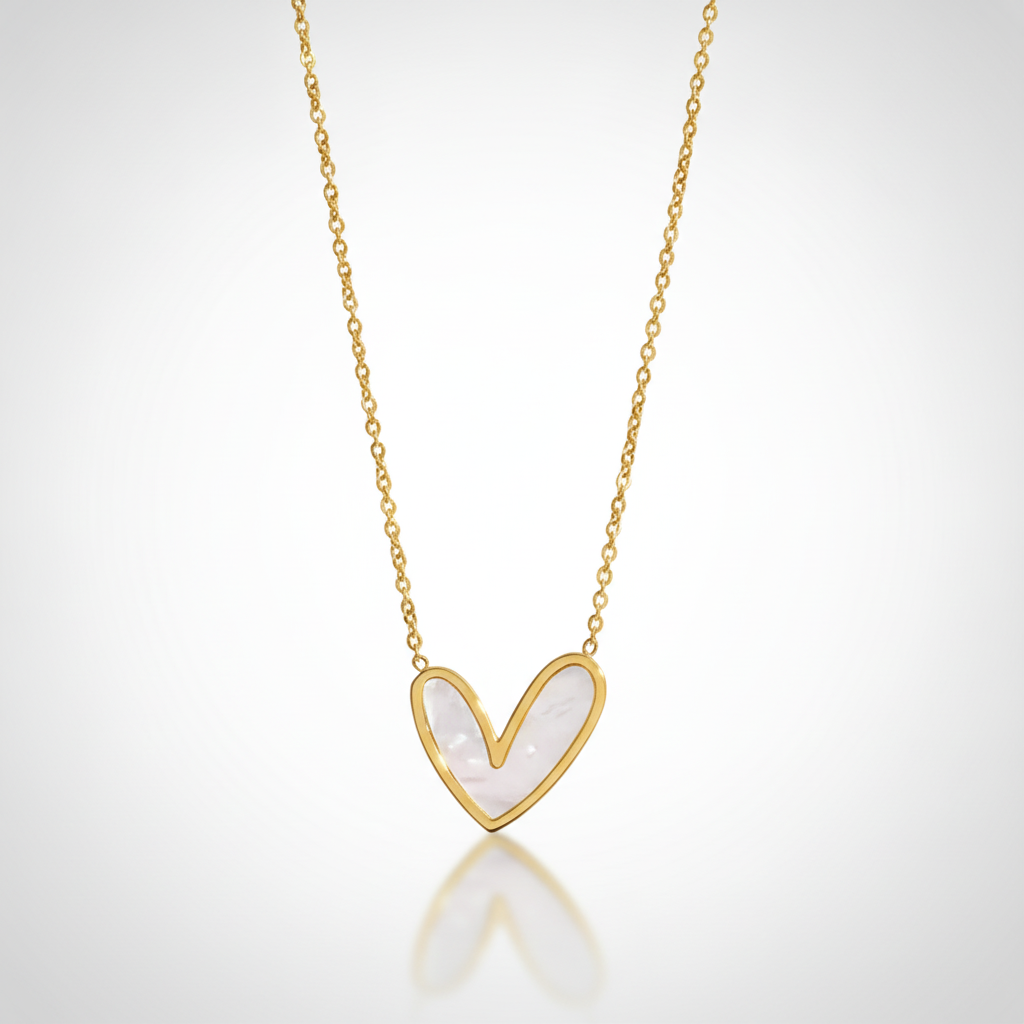 Gold Heart Pendant Necklace with Mother of Pearl Inlay