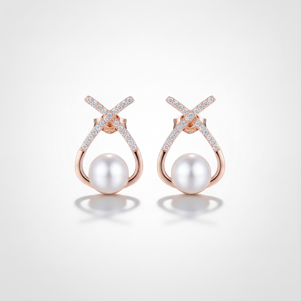 Rose Gold Pearl & Crystal Cross Stud Earrings