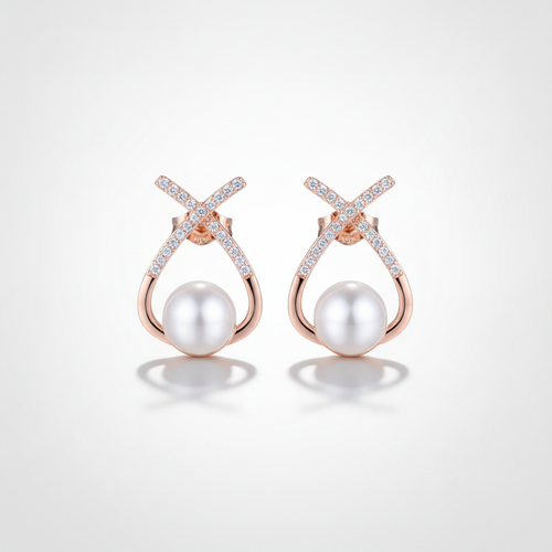 Rose Gold Pearl & Crystal Cross Stud Earrings