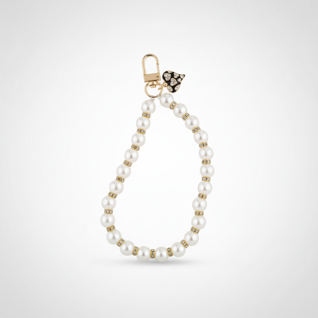Pearl Bead Mobile Keychain with Crystal Spacers & Paw Charm