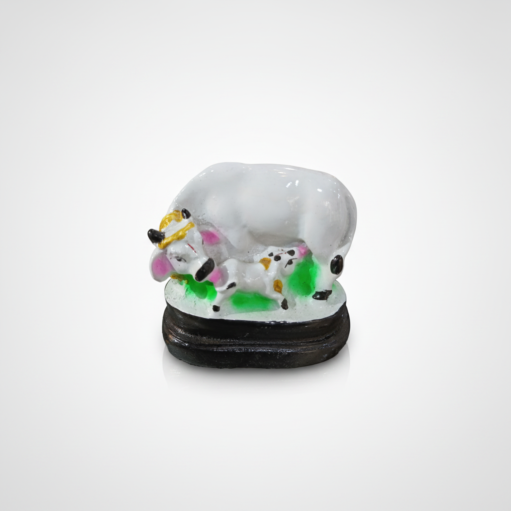 White Jade Cow & Calf Figurine on Wooden Base