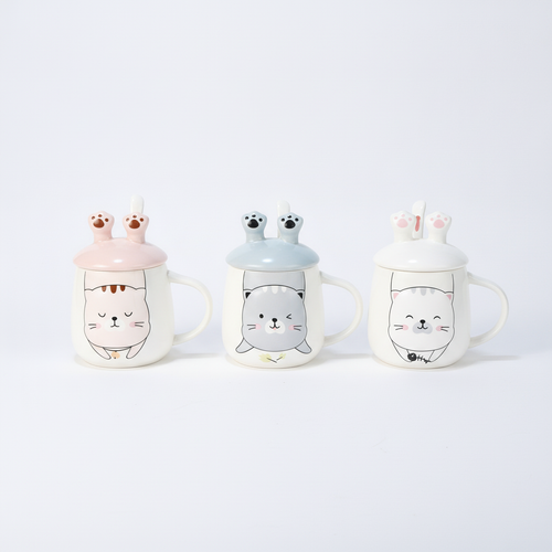 Cute Cat Ceramic Mug with Lid & Paw Spoon – 3 Colors
